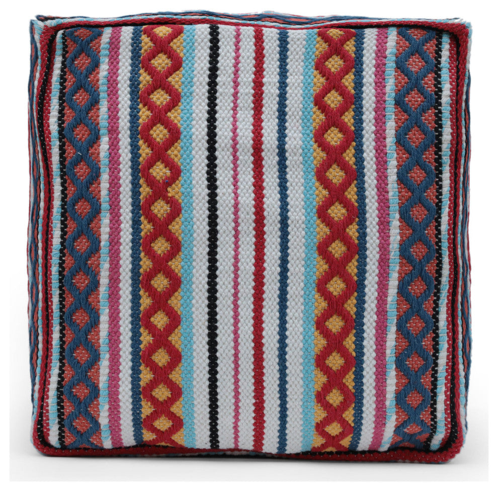 Hilliard Boho Handcrafted Peruvian Print Cube Pouf, White + Yellow + Red Multi Color