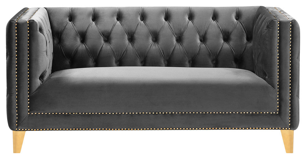 Michelle Fabric Upholstered Chair, Gold Iron Legs, Gray, Velvet, Loveseat