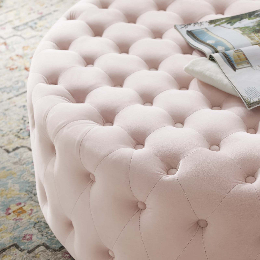Tufted Accent Chair Ottoman, Round, Velvet, Pink, Modern, Lounge Hospitality
