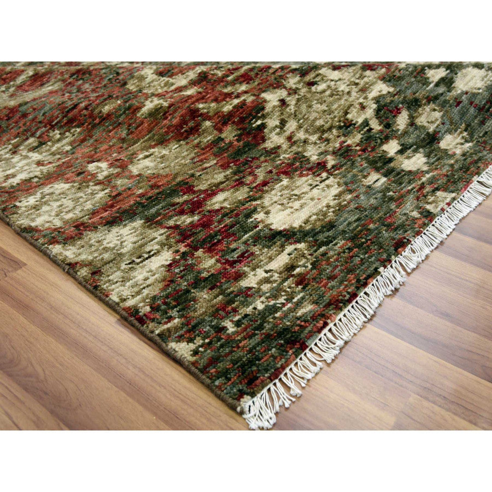 Green With Pop of Red, Hand Knotted Mahal Design, Pure Wool Rug, 9'1"x11'10"