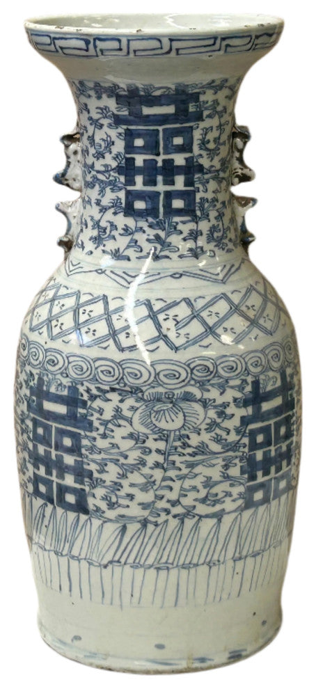 Vintage Chinese Blue White Double Happiness Porcelain Art Vase Hws4401
