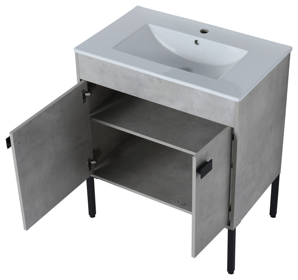 Freestanding/Floating Bathroom Vanity With white Ceramics Top, Grey, 30"