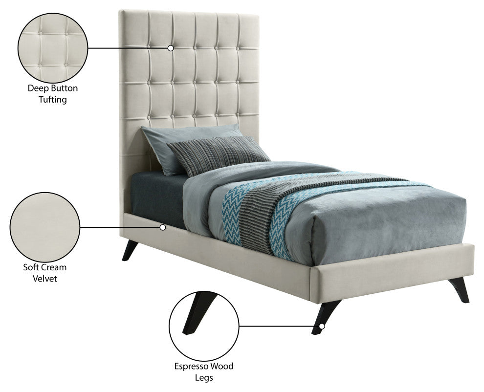 Elly Velvet Upholstered Bed, Cream, Twin
