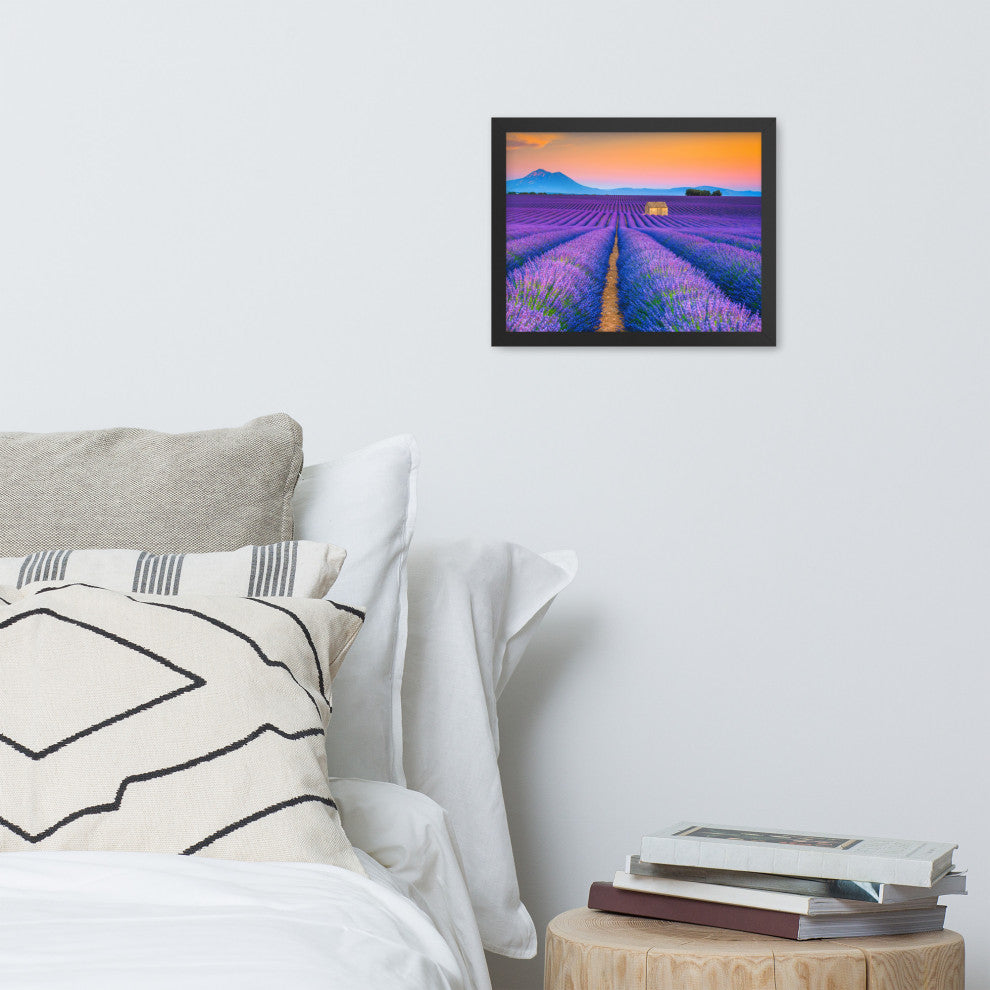 Blooming Lavender Field and Sunset Floral Landscape Framed Photo Wall Art Prints, Black, 11" X 14"