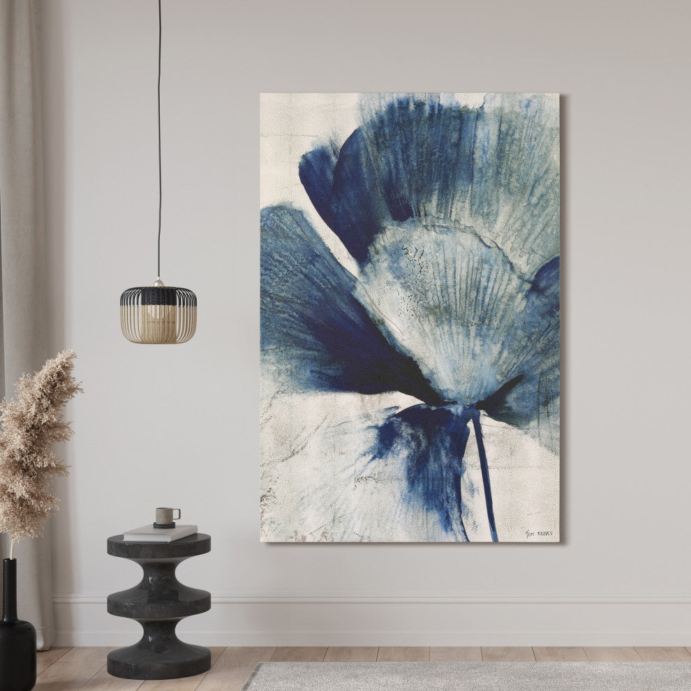 "Azure Bloom" Blue Flower Rendered on Gold Shagreen Wrapped Canvas Wall Art
