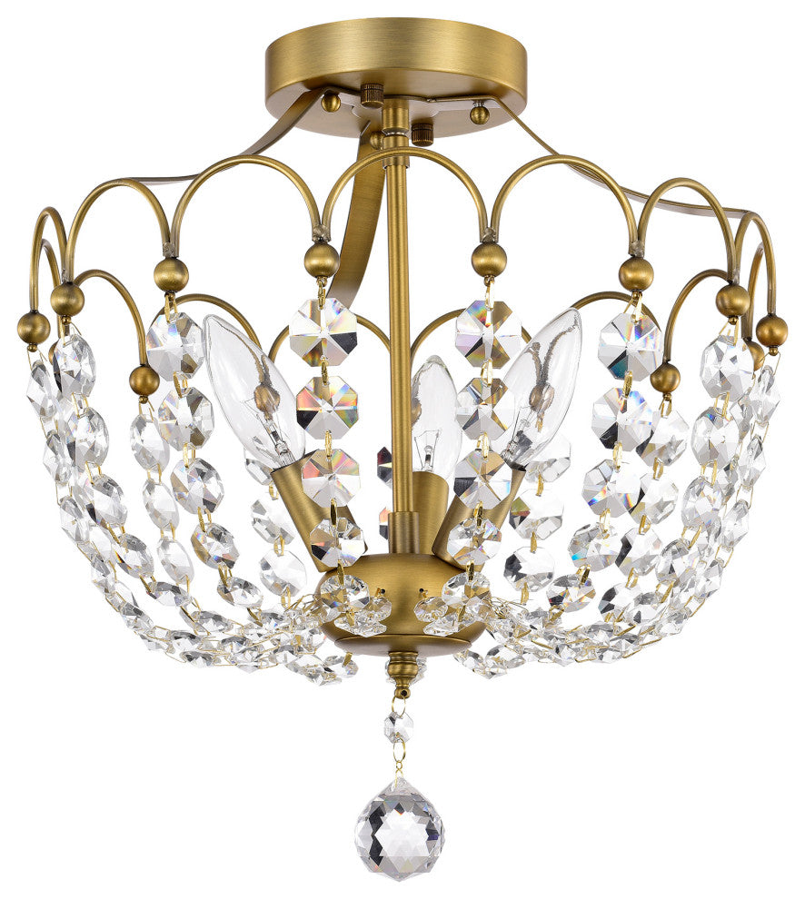 3-Light Vintage Brass Semi Flush Mount With Crystals