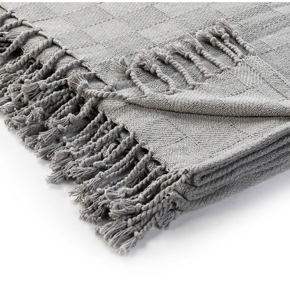 Checkered Weave Throw Blanket with Fringe, Light Gray