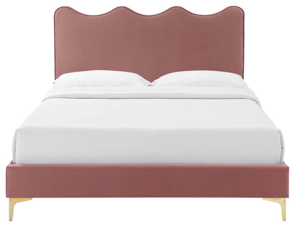 Platform Bed Frame, Queen Size, Pink, Velvet, Modern, Bedroom Guest Suite