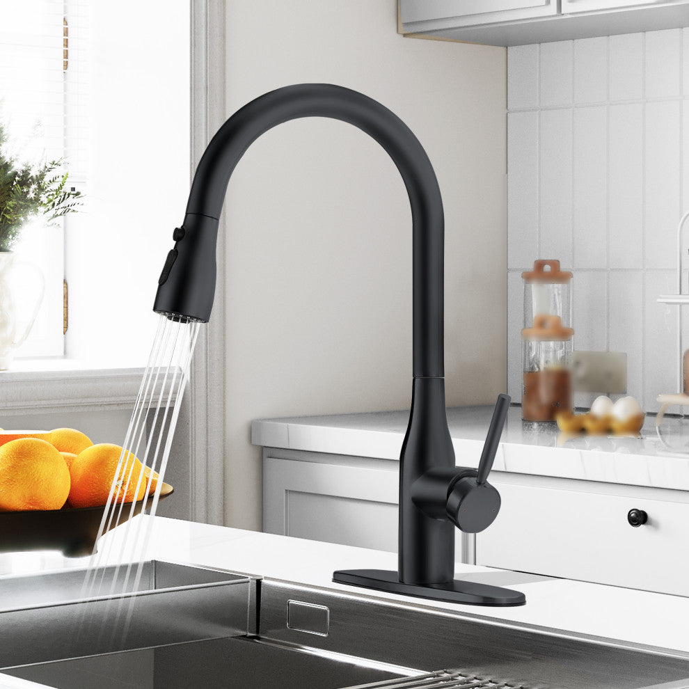 Pull Down Touchless Single Handle Kitchen Faucet with Deck Plate, Matte Black