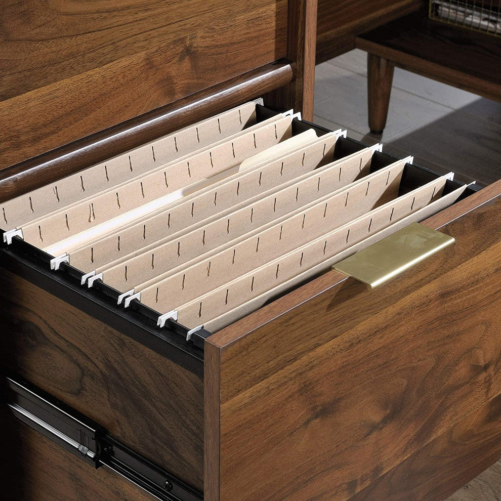 Unique L-Shaped Desk, Open Shelves and Multiple Storage Drawers, Grand Walnut