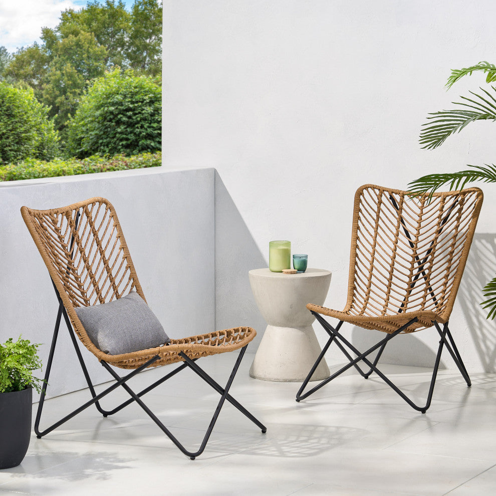 Juan Outdoor Wicker Accent Chairs, Set of 2, Light Brown/Black