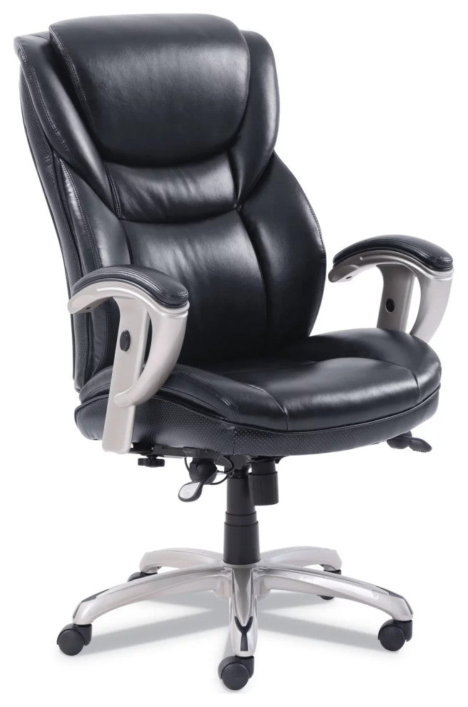 Modern Office Chair, Silver Base With Bonded Leather Seat & Padded Arms, Black