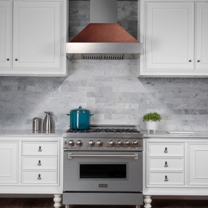 Ducted DuraSnow Stainless Steel Range Hood with Hand-Hammered Copper Shell