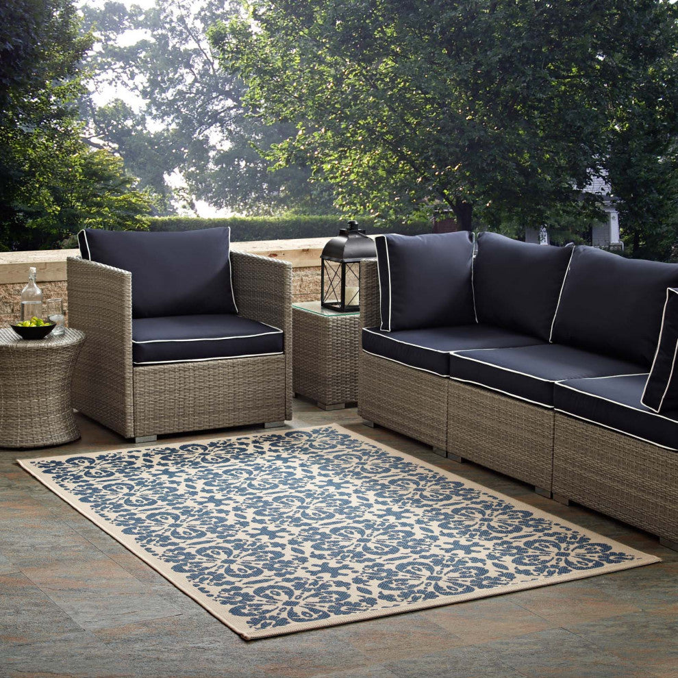 Ariana Vintage Floral Trellis 9x12 Indoor and Outdoor Area Rug, Blue and Beige