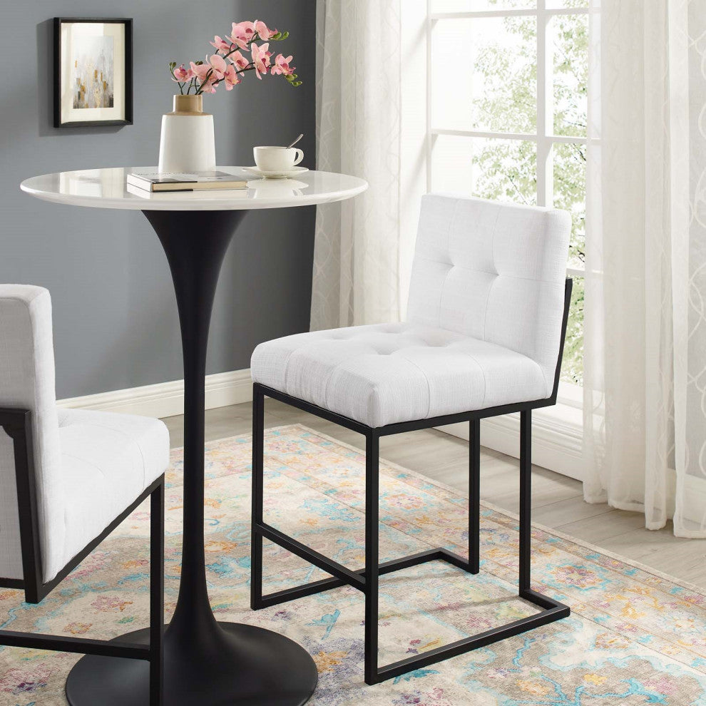 White Fabric Counter Stool, Industrial Modern Black Metal Tufted Counter Stool
