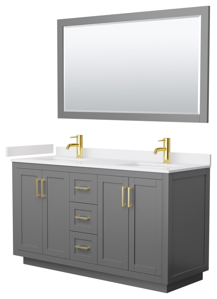 60"DBL Vanity Dark Gray, White Cult. Marble Top, Sinks, Gold Trim, 58"Mirror