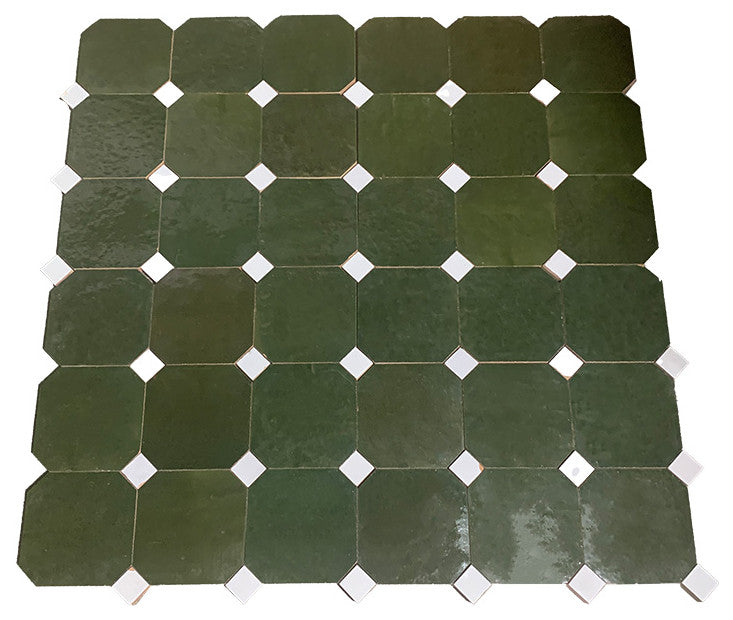 Contemporary Zellige Tile, Hunter Green With White, 8-Panels 12x12"