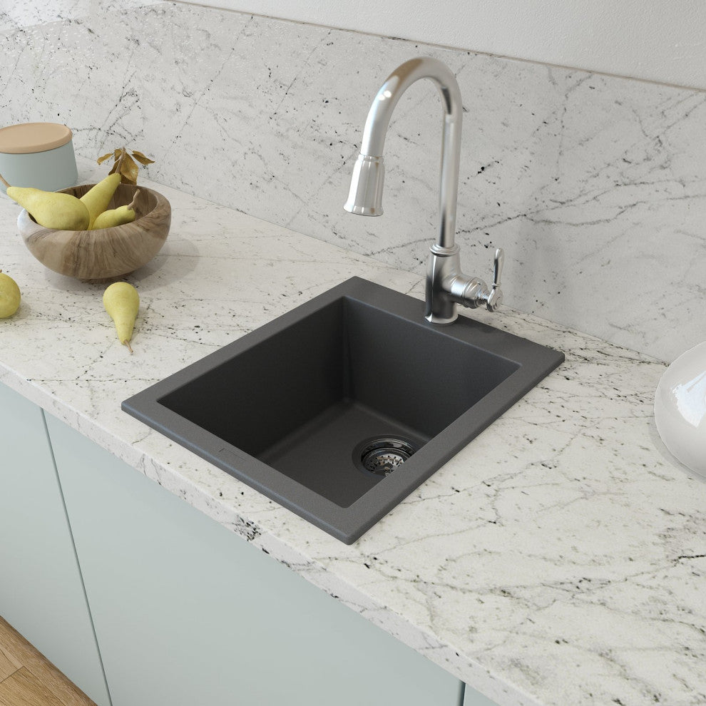 BOCCHI 1608-506-0126 Granite 16" Single Bar Sink w/ Strainer In Concrete Gray