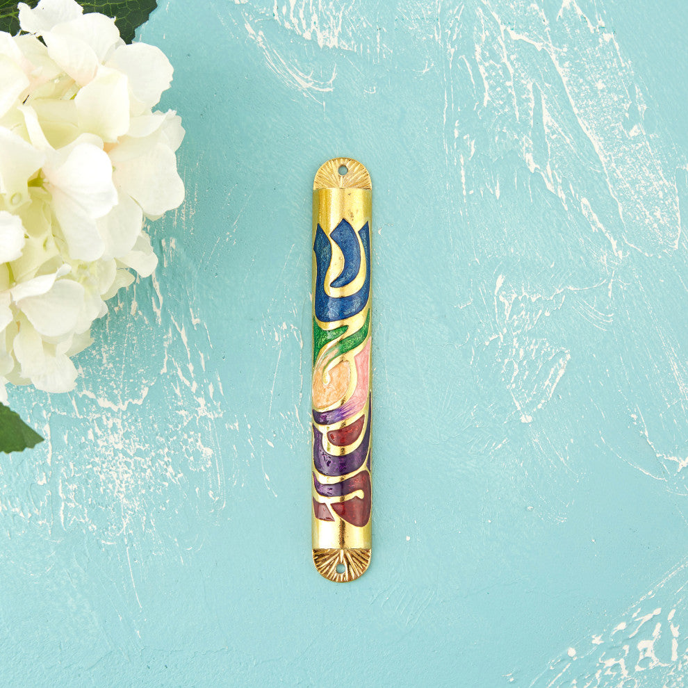 Matashi Gold Hand Painted Multicolor Enamel Mezuzah w Hebrew Shin for Home Door