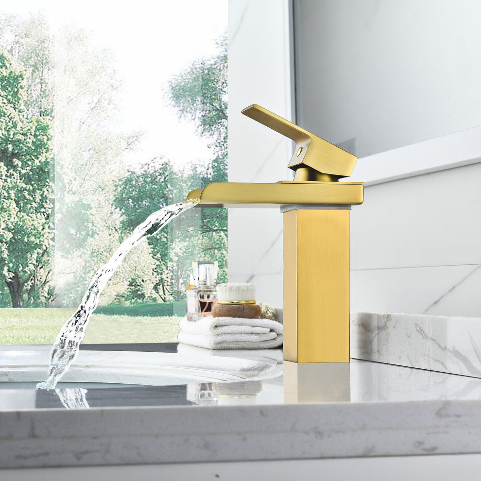 Sassor Single Hole Single-Handle Waterfall Bathroom Faucet, Brushed Gold
