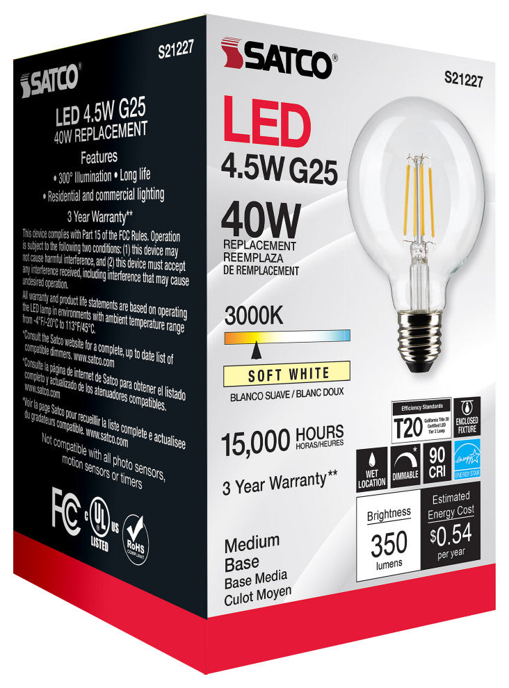 4.5W G25 LED, Clear, Medium Base, 90 CRI, 3000K, 120V