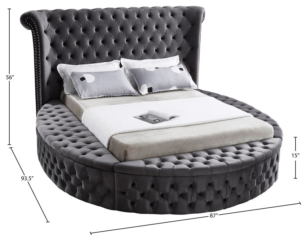 Luxus Button Tufted Velvet Round Bed, Gray, Full