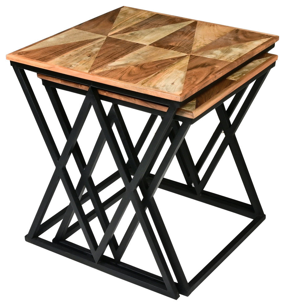 Benzara UPT-271298 2 Piece Nesting End Table Set, Wood Top, Brown and Black