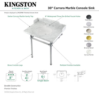 Kingston Brass LMS30MB7 30" Carrara Marble Console Sink, Legs