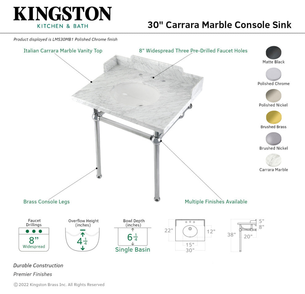 Kingston Brass LMS30MB7 30" Carrara Marble Console Sink, Legs