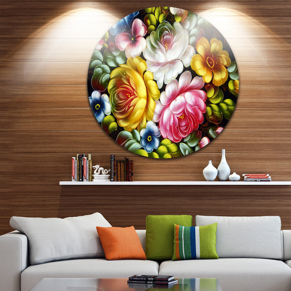 Digital Flower Bouquet, Floral Digital Art Disc Metal Wall Art, 38"