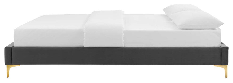 Platform Bed Frame, Twin Size, Velvet, Dark Grey Gray, Modern Contemporary