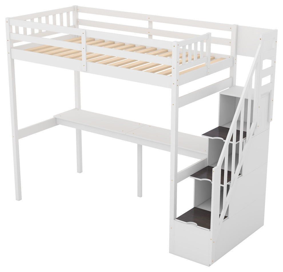 Gewnee Twin Size Loft Bed with Storage Staircase and Built-in Desk in White