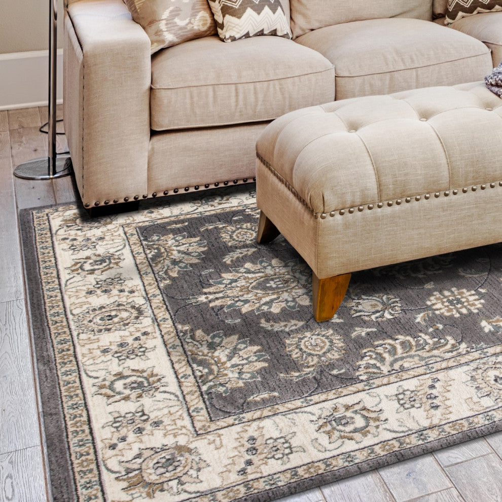 HomeRoots 8'x10' Grey Ivory Machine Woven Floral Traditional Indoor Area Rug