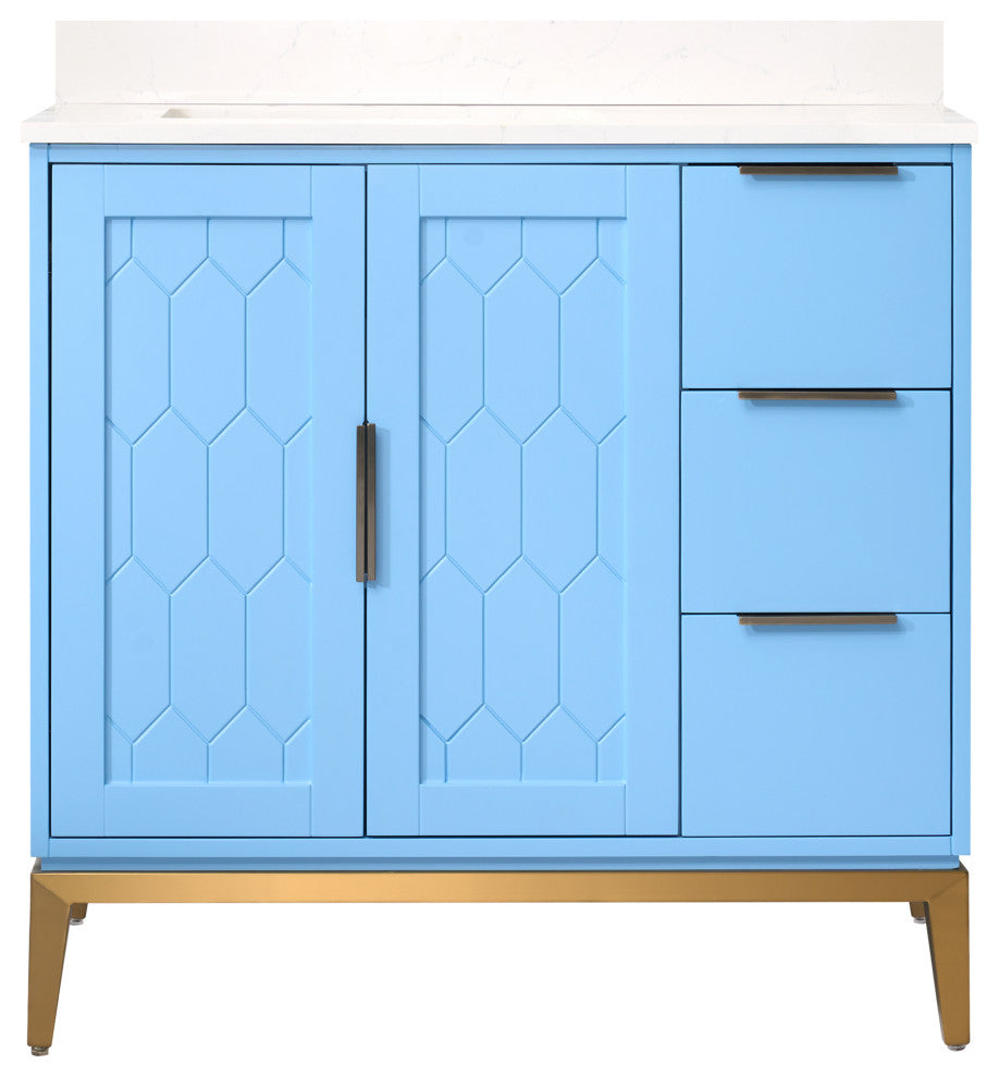 Alison Freestanding Bathroom Vanity with Italian Carrara White Marble Top, Light Blue, 36"