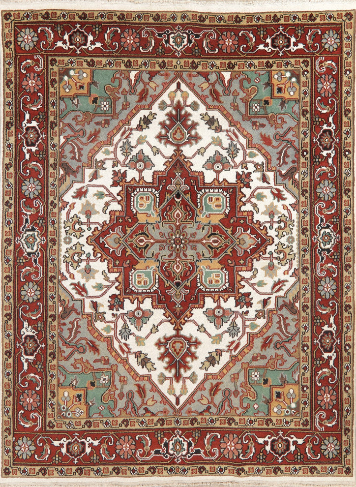 Heriz Oriental Traditional Hand-Knotted Area Rug Indian, Beige, 10'4"x7'11