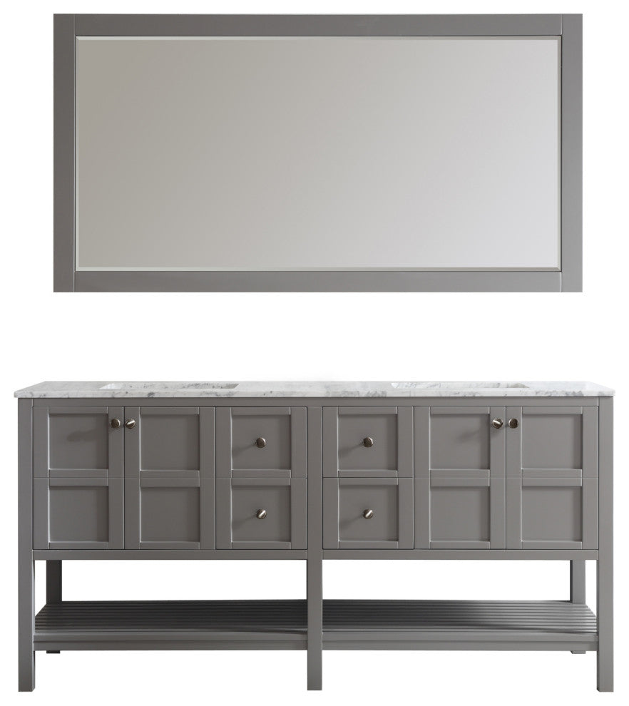 Florence 72" Double Vanity, Carrara White Marble Top, Gray, With Mirror
