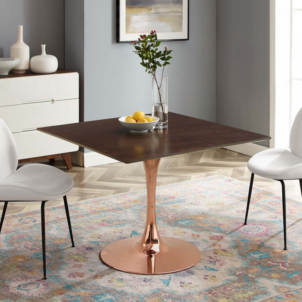 Dining Table, Square, Wood, Rose Gold Dark Brown Brown Walnut, Modern, Bistro