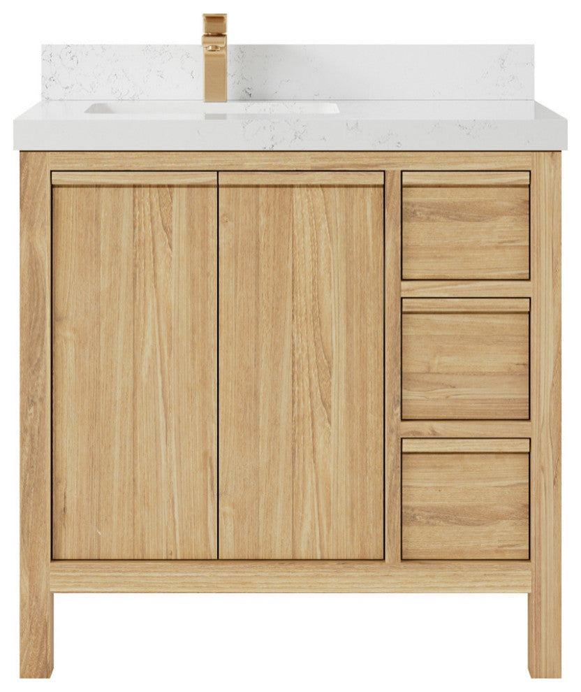 Elizabeth 36 Left Offset Bath Vanity in Light Natural Teak 2" Empira Quartz