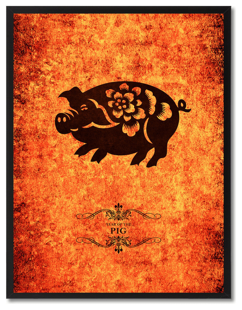 Pig Chinese Zodiac Orange Print on Canvas with Picture Frame, 22"x29"