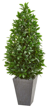 57" Bay Leaf Cone Topiary Tree in Slate Planter UV Resistant, Indoor/Outdoor