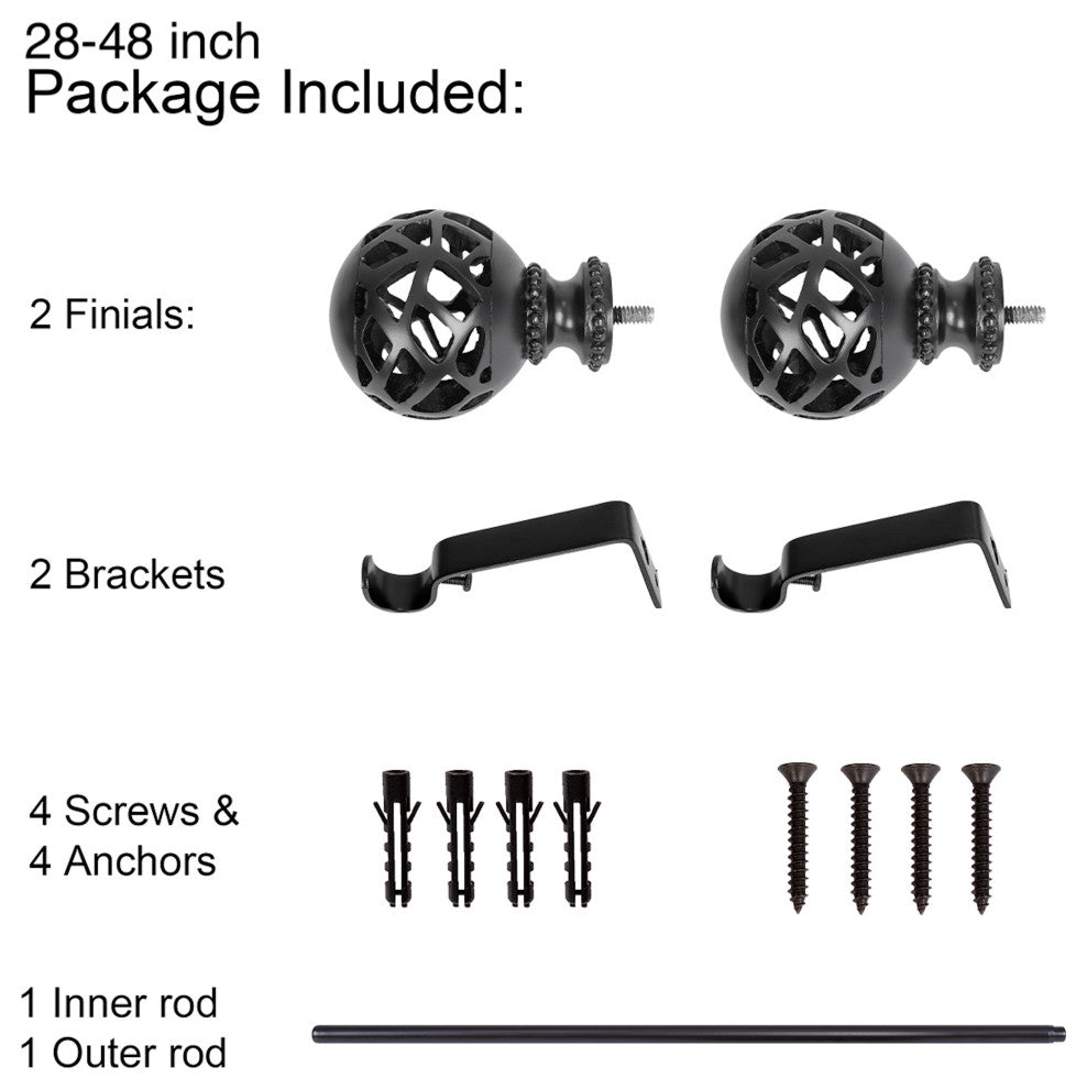 UTOPIA ALLEY 3/4" Single Adjustable Curtain rods for Windows, Black, 28"-48"