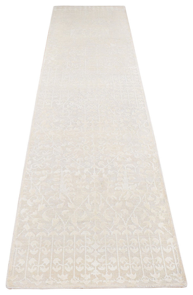 White Hand Knotted Tone on Tone Design Silk With Wool Runner Rug 2'6"x10'1"