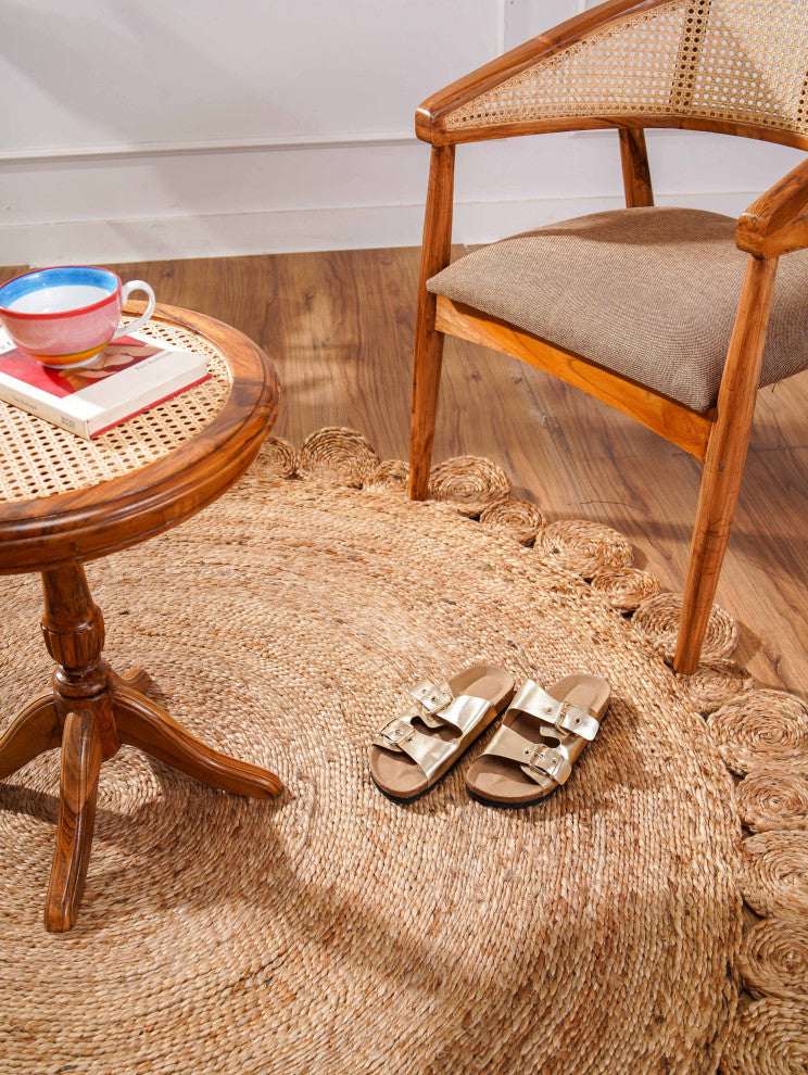 Hand Woven Jute Area Rug Oriental Beige J00001, [Round] 4'x4'