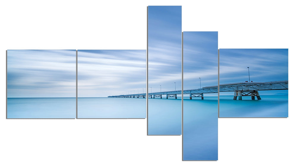 Industrial Pier in the Sea, Seascape Canvas Art Print, 60"x32", 5 panels
