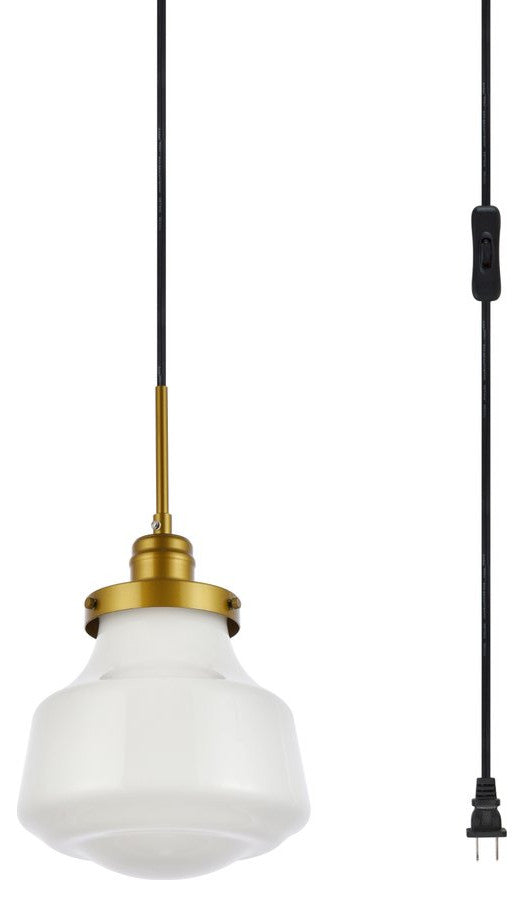 Leighton 1-Light Brass and frosted White Glass Plug-In Pendant