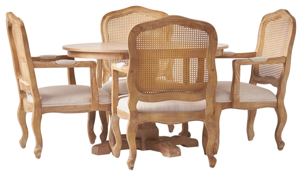 Absaroka French Country Fabric Wood and Cane 5-Piece Dining Set, Natural/Beige