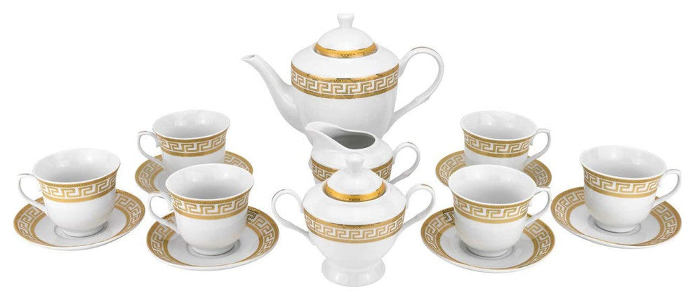 Royalty Porcelain 17-pc Tea Set Greek Key for 6, Fine Porcelain (Gold)