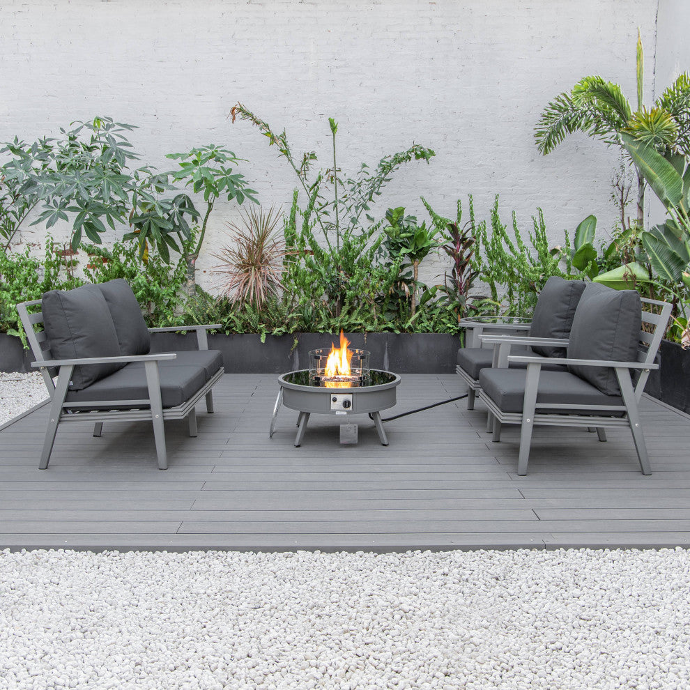 LeisureMod Walbrooke Grey Patio Sofa Set With Round Fire Pit Table, Charcoal