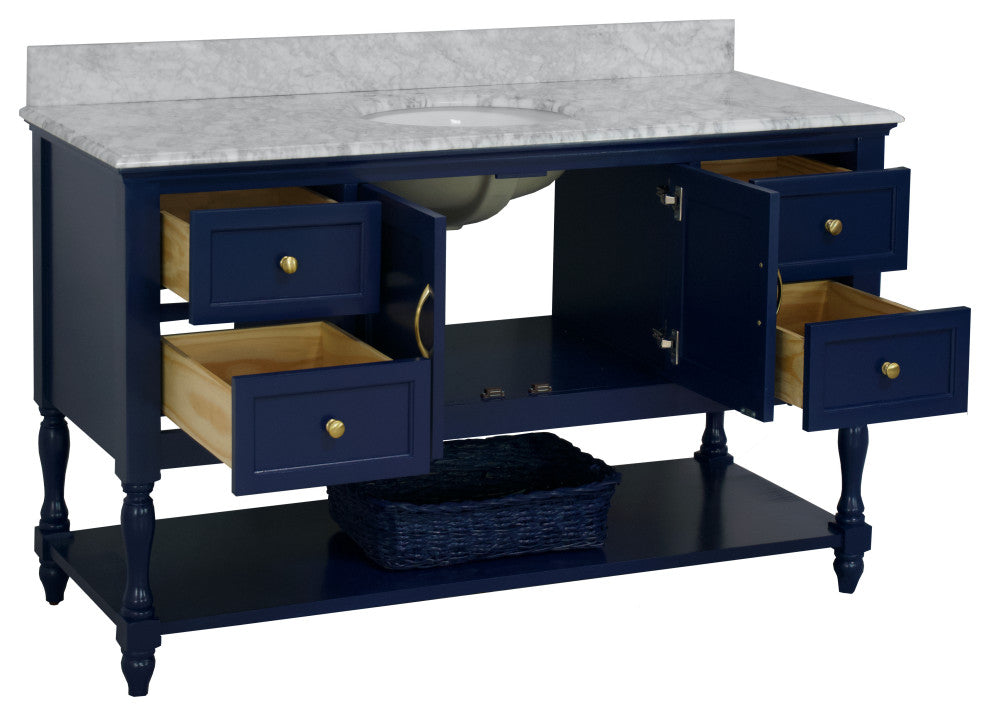Beverly 60" Bath Vanity, Royal Blue, Carrara Marble, Single Vanity