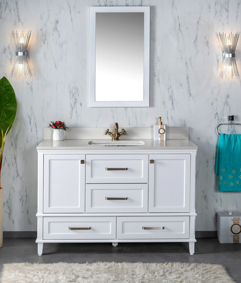 Nera Collection 48" Bath Vanity Quartz Top and Ceramic Sink, White, 48"